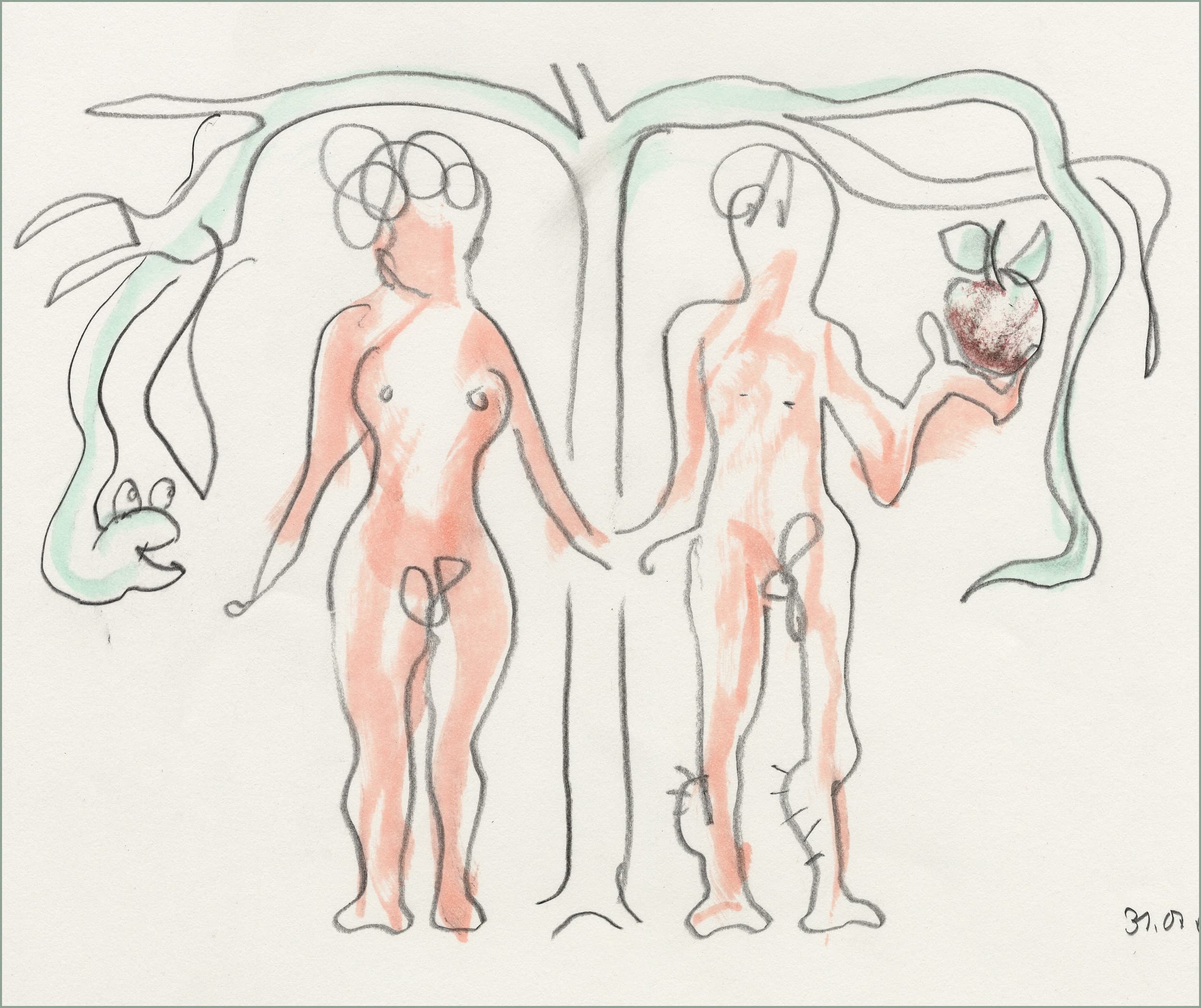Gunter Langer, Karikatur Frau, Adam und Eva, Schlange, Adam und Eva im Paradies, 2004, Gouache Wasserfarbe Bleistift, Karton, 42 x 59 cm